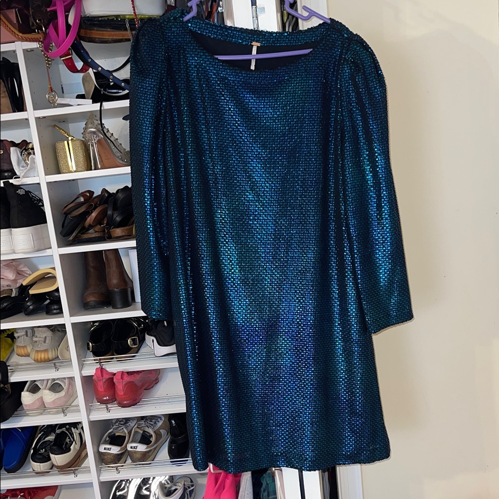 Free People Shimmering Teal Sequin Shift Dress